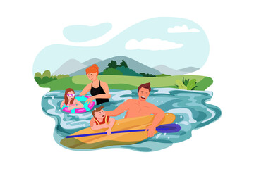 Family swimming in the river
