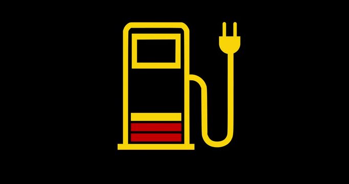 Animation of the battery charging level on the car dashboard. The gas station icon changes color from green to white when the charge level increases. Lightning sign on the dashboard of the car