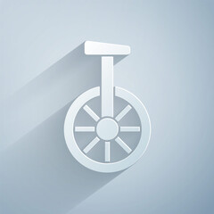Paper cut Unicycle or one wheel bicycle icon isolated on grey background. Monowheel bicycle. Paper art style. Vector © Oksana