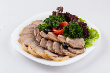 Isolated kazakh national appetizer sliced kazy sausages with horse meat