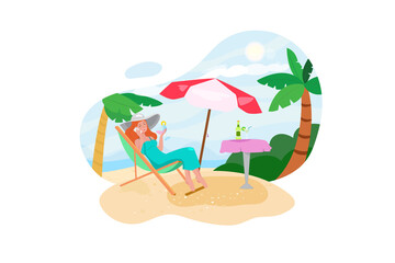 Fototapeta na wymiar Summer travel beach vacation concept, Traveler asian woman with hat and dress relax on chair beach