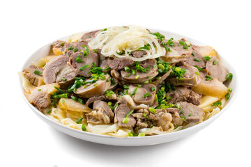 Isolated kazakh traditional dish beshbarmak with horse meat