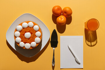 Tangerine cheesecake with meringue discs on white square plate, three tangerines, glass of juice, spatula and notepad for writing a recipe on a yellow table, illuminated by frontal light