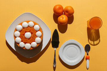 Tangerine cheesecake with meringue discs on white square plate, three tangerines, glass of juice, spatula, dessert plate and spoon on a yellow table illuminated by frontal light
