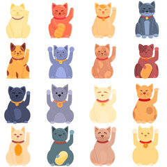 Lucky cat icons set. Cartoon set of lucky cat vector icons for web design