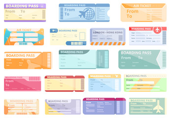 Airline tickets icons set. Cartoon set of airline tickets vector icons for web design