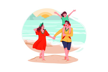 Happy family walking on the ocean beach