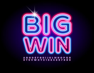Vector electric promo Big Win. Led Illuminated Font. Bright Neon Alphabet Letters and Numbers set