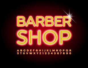 Vector trendy logo Barber Shop. Glowing light Font. Bright Neon Alphabet Letters and Numbers set