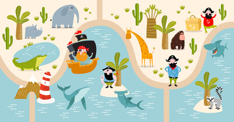 Tropical maze with animals and pirates. Cartoon tropical animals. African animals. Cartoon cute pirates. A game for children. Children's play mat. - 421062936