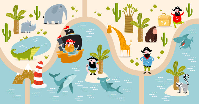 Tropical maze with animals and pirates. Cartoon tropical animals. African animals. Cartoon cute pirates. A game for children. Children's play mat.