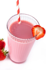 Strawberry milkshake in glass isolated on white background