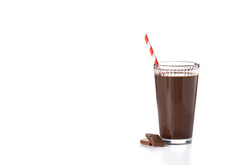 Chocolate milkshake in glass isolated on white background. Copy space