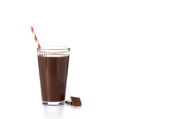 Chocolate milkshake in glass isolated on white background. Copy space
