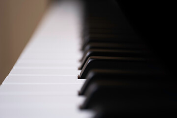 Black and white piano keys side view with perspective. The black keys are called sharps or flats.
Focus on the black key in the center of the image, shallow depth of field