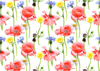 seamless pattern with watercolor drawing red poppy flowers