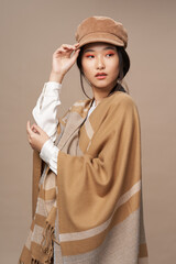 Woman advertises warm clothes fashion party makeup 