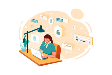 Female employee working on data security Illustration