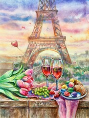 Watercolor Eiffel Tower in Paris France. Valentine day, happy holiday, love. Vertical view, copy-space. Template for designs, invitation, card, border, posters.  © El_Art