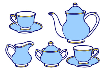 Hand drawing tea set. Teapot, milk jug, sugar bowl, cups and saucers. Blue design. 