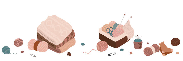 Illustration of knitting and handwork  in flat style on white background. Sweatshirts stacked in a pile, needlework basket, balls of thread. Banner in horizontal format