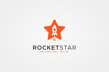 Rocket Star Logo. Orange Rounded Shape Five Star with Negative Space Rocket inside isolated on Gray Background. Usable for Business and Technology Logos. Flat Vector Logo Design Template Element.