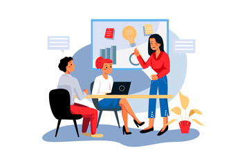 Young business woman giving presentation on future plans to her colleagues at office