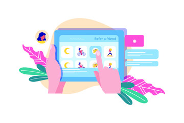 Refer a friend concept with hands holding tablet and finger touches screen with a friends social media page.