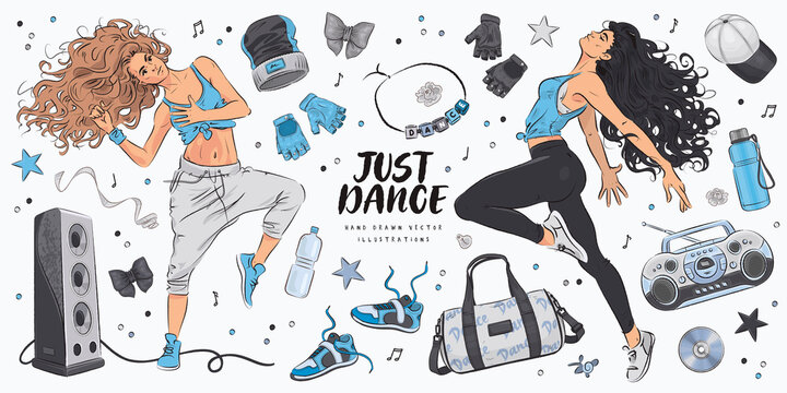 Hand drawn sketch dance studio set. Vector illustration of happy young dancing women