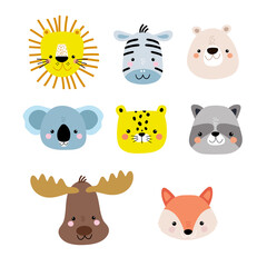 Set of cute cartoon animal faces. Lion, fox, bear, raccoon, moose, cheetach,zebra, koala heads. Ready.print for nursery,apparel,cards. Vector Illustration © solodkayamari