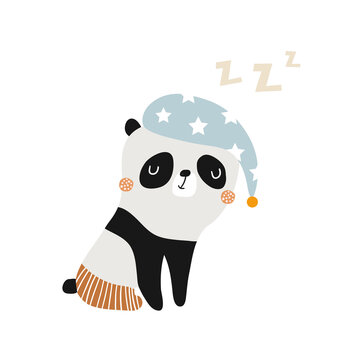 Funny sleeping panda. Childish print for fabric, t-shirt, poster, card, baby shower. Vector Illustrtion