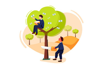 Businessman cutting profit tree of competitor