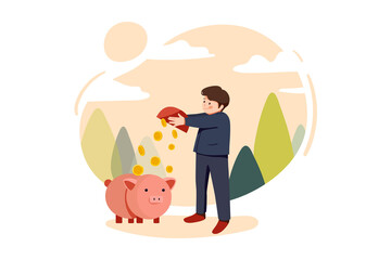 Businessman pouring coin into piggybank showing investment