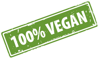 100 percent Vegan green square filled rubber stamp icon isolated on white background. All Vegan product stamp label. Vegan fresh food 100 percent symbol.
