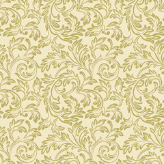 Baroque wallpaper. Seamless vector background of ornate decorative gold leaves in art deco style. Damascus