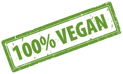 100 percent Vegan green square rubber stamp icon. All Vegan product stamp label. Vegan fresh food 100 percent symbol.