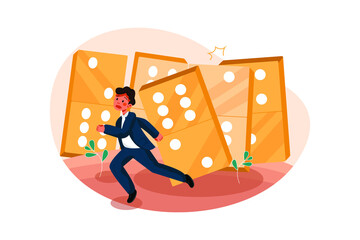 Businessman escaping from falling dominos