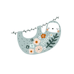 Cute floral sloth print. Perfect for t-shirt, apparel, cards, poster, nursery decoration. Vector Illustration © solodkayamari