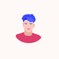 Avatar portrait of a handsome man with blue short hair. Vector modern illustration on white background