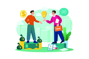 Fototapeta premium Selling the idea. Businessmen at deal for money, rich man pays to creative thinking guy for new method, idea, product