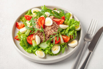 Plate of nicoise salad with tuna, boiled egg and vegetables.