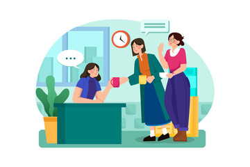 Office cooler chat. Young female workers having informal conversation around a water cooler at workplace, colleagues refreshing during a break