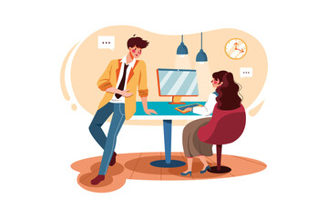 Business man talking with lady employee in office 