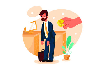 Hand holding coin inserting into back of businessman with glasses and beard