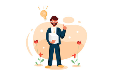 Obraz premium Man in glasses with beard and a raised finger and bulb