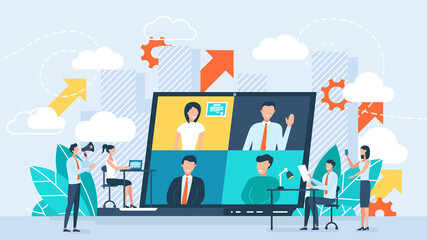 Online business conference, creative illustrations, businessmen, online joint meeting, team thinking and brainstorming, company information analytics illustration