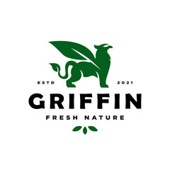 The nature griffin Logo. Creative  combination logo featuring a historical griffin and leaf. Modern and classic logo combination.