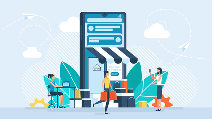 Concept of online shopping on social media app. Online store via mobile phone set, 2D web banner of online shopping. Smartphone with shopping bag, chat message, delivery, 24 hours, and like icon.