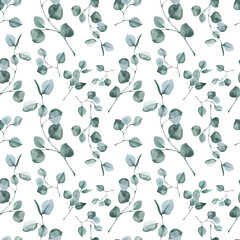 Watercolor seamless pattern with green eucalyptus branches.