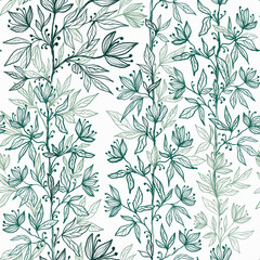 Seamless pattern with green linear plants with flowers on white